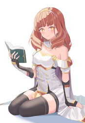  armor bare_shoulders black_gloves black_shorts black_thighhighs book breastplate breasts brown_hair buttons cape celica_(fire_emblem) choker cleavage collarbone detached_collar dress earrings elbow_gloves female fingerless_gloves fire_emblem fire_emblem_echoes:_shadows_of_valentia gloves highres holding holding_book jewelry looking_at_viewer off-shoulder_dress off_shoulder orange_eyes revvie shorts shorts_under_dress shy simple_background sitting solo strapless strapless_dress symbol-shaped_pupils thighhighs tiara white_background white_dress 