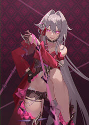  absurdres anklet bare_shoulders belly black_choker black_gloves black_shorts blush bright_pupils choker comet_(user_fjsa4577) evil_smile female gloves hair_ornament hair_ribbon hand_on_own_hip highres holding holding_string honkai_(series) honkai_impact_3rd jacket jewelry knee_up leg_up long_hair long_sleeves looking_down pantyhose purple_eyes red_background red_jacket ribbon ribbon_hair_ornament shorts simple_background single_bare_leg single_glove smile string thelema_(honkai_impact) very_long_hair white_hair white_pupils 