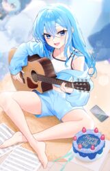  :d acoustic_guitar akaike alternate_costume bare_shoulders barefoot birthday blue_eyes blue_hair blue_shorts blurry blurry_background blush cake cellphone collarbone commentary_request crop_top cropped_jacket crossed_ankles crossed_bangs eyelashes feet female food fork fruit guitar hair_between_eyes happy_birthday highres holding holding_guitar holding_instrument hololive hoshimachi_suisei instrument jacket kitchen_knife knife lens_flare light_particles long_hair long_sleeves looking_at_viewer music off_shoulder open_clothes open_jacket open_mouth paper phone playing_instrument puffy_long_sleeves puffy_sleeves sheet_music short_shorts shorts sidelocks sitting sleeves_past_wrists smartphone smile solo star_(symbol) star_in_eye strawberry symbol_in_eye tank_top virtual_youtuber white_tank_top 