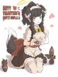  alternate_costume ammunition animal_ears apron black_choker black_hair blue_archive blue_eyes bow breasts bright_pupils choker cleavage dog_ears dog_tail english_text extra_ears female frilled_apron frilled_hairband frilled_skirt frilled_thighhighs frills gloves hairband halo happy_valentine hariyaa heart heart_hands hibiki_(blue_archive) highres kneeling medium_hair mortar_shell short_sleeves sidelocks simple_background skirt solo tail thighhighs underbust waist_apron white_background white_gloves white_thighhighs yellow_bow yellow_halo 