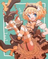  :d black_dress black_footwear blonde_hair blue_eyes blunt_bangs boots cone_hair_bun cup double_bun dress female frilled_dress frills full_body hair_bun high_heel_boots high_heels highres holding holding_tray horizontal-striped_thighhighs knee_up leg_up looking_at_viewer maid_headdress minami_mirei open_mouth pretty_series pripara ruru_ashihara saucer short_hair smile solo spilling striped_clothes striped_thighhighs tea teacup thighhighs third-party_source tray wing_hair_ornament 