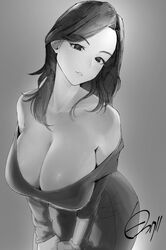  absurdres animification artist_name breasts bunny_ayumi cleavage collarbone dress female grey_background greyscale head_tilt highres large_breasts long_hair looking_at_viewer monochrome off_shoulder parted_lips real_life shirofugu solo 