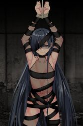  absurdres armpits arms_up bandages black_hair bound bound_wrists eyepatch fate/grand_order fate_(series) female fishnet_leotard flat_chest highres long_hair mochizuki_chiyome_(fate) purple_eyes restrained rope scowl snake_tattoo sweatdrop tanuki_(siutkm0228) tattoo 