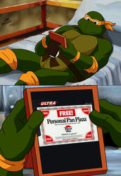  absurd_res anthro coupon english_text green_body green_skin hi_res holding_object male marvel meme michelangelo_(tmnt) mistajonz photo pizza_hut redraw reptile sad scalie teenage_mutant_ninja_turtles teenage_mutant_ninja_turtles_(1987) text turtle x-men 