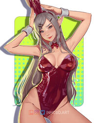  absurdres animal_ear_hairband animal_ears armpits arms_up bare_arms bare_legs bow bowtie breasts breasts_apart closed_mouth collar cowboy_shot detached_collar fake_animal_ears female green_eyes grey_hair hair_ornament hairband hairclip highleg highleg_leotard highres inhoso kyoko_(inhoso) leotard long_hair looking_at_viewer medium_breasts original playboy_bunny pointy_ears rabbit_ear_hairband rabbit_ears red_bow red_bowtie red_hairband red_lips shiny_clothes shiny_leotard smile solo standing strapless strapless_leotard white_collar white_wrist_cuffs wrist_cuffs 