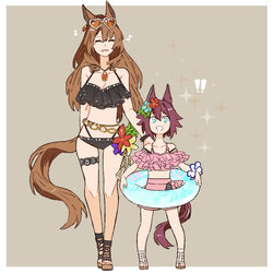  ! !! 2girls aged_down animal_ears asuka_(junerabitts) bikini black_bikini blue_eyes breasts brown_hair cleavage closed_eyes collarbone eyewear_on_head flower frilled_bikini frills full_body hair_flower hair_ornament heart heart-shaped_eyewear horse_ears horse_girl horse_tail large_breasts looking_at_another looking_at_viewer maruzensky_(blasting_off_summer_night)_(umamusume) maruzensky_(umamusume) multiple_girls musical_note official_alternate_costume sakura_chiyono_o_(sakura_hearts_are_super_good_hearts)_(umamusume) sakura_chiyono_o_(umamusume) sandals scrunchie sunglasses swimsuit tail umamusume wrist_scrunchie 