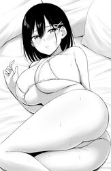  ass bare_legs bed_sheet bikini blush breasts cleavage commentary curvy embarrassed feet_out_of_frame female furrowed_brow greyscale hair_between_eyes hair_ornament highres large_breasts looking_at_viewer lying monochrome on_side original parted_lips pillow short_hair solo string_bikini sweat swimsuit thighs x_hair_ornament yue_(show-ei) 