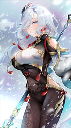  black_gloves blue_eyes blush bodystocking braid breast_curtain breasts calamity_queller_(genshin_impact) clothing_cutout covered_navel elbow_gloves female genshin_impact gloves grey_hair hair_ornament hair_over_one_eye highres hip_vent large_breasts long_hair long_sleeves looking_at_viewer low-braided_long_hair low-tied_long_hair partially_fingerless_gloves polearm puffy_long_sleeves puffy_sleeves shenhe_(genshin_impact) shoulder_cutout solo spear tabard tassel thighs very_long_hair weapon yukimiya_yuge 