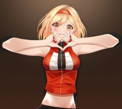  bare_arms blonde_hair breasts brown_background brown_eyes commentary djeeta_(granblue_fantasy) facial_mark female granblue_fantasy grin hair_intakes hairband highres jacket looking_at_viewer medium_breasts medium_hair midriff nail_polish navel red_hairband red_jacket red_nails sleeveless sleeveless_jacket smile solo soruna_(nell) stomach turtleneck upper_body zipper 