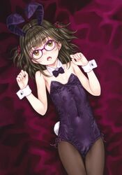  absurdres animal_ears breasts brown_eyes brown_hair brown_pantyhose cameltoe female focke_wulf highres leotard looking_at_viewer original pantyhose playboy_bunny purple_leotard rabbit_ears rabbit_tail scan small_breasts solo tail wrist_cuffs 