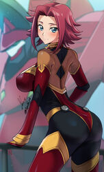  absurdres ass blue_eyes blush bodysuit breasts closed_mouth code_geass commentary cowboy_shot female flipped_hair guren_(code_geass) guren_mk-ii hair_intakes hand_on_railing highres knightmare_frame kouzuki_kallen large_breasts looking_at_viewer mecha median_furrow multicolored_bodysuit multicolored_clothes pilot_suit red_hair revision robot science_fiction short_hair signature skin_tight smile turning_head twitter_username yoo_tenchi 