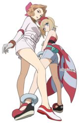  2girls anklet bare_legs blonde_hair blue_eyes brown_hair closed_mouth commentary_request diving_mask diving_mask_around_neck eyelashes from_below gloves goggles green_bag grey_shorts hair_between_eyes hairband height_difference indesign irida_(pokemon) jewelry knees legs multiple_girls palina_(pokemon) parted_lips pokemon pokemon_legends:_arceus red_footwear red_hairband red_shirt sash shirt shoes short_hair shorts two-tone_footwear waist_cape white_footwear 