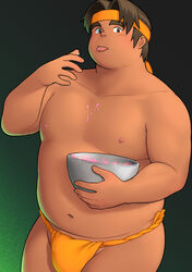  1boy bara belly blush bulge dark-skinned_male dark_skin dough fat fat_man feet_out_of_frame food food_on_body food_on_face fundoshi hand_up headband highres hunk_(voltron) japanese_clothes large_pectorals male_focus muscular muscular_male navel nipples norijaga orange_fundoshi pectorals short_hair solo stomach thick_eyebrows thighs tongue tongue_out topless_male underwear underwear_only voltron:_legendary_defender voltron_(series) 