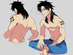  1boy arm_tattoo barefoot belt black_belt blue_pants cigarette closed_mouth commentary_request expressionless full_body grey_background highres indian_style inudori itou_kaiji kaiji long_hair male_focus medium_bangs navel nipples number_tattoo pants scar scar_on_cheek scar_on_ear scar_on_face simple_background sitting smoke smoking tattoo topless_male 