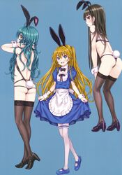  3girls absurdres animal_ears ass black_hair black_legwear blonde_hair breasts brown_eyes focke_wulf full_body green_hair high_heels highres light_brown_hair looking_at_viewer multiple_girls navel open_mouth original rabbit_ears rabbit_tail revealing_clothes scan simple_background small_breasts smile tail thighhighs white_legwear 