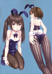  2girls absurdres animal_ears areola_slip breasts brown_eyes brown_hair brown_legwear focke_wulf high_heels highres leotard looking_at_viewer multiple_girls non-web_source original pantyhose playboy_bunny purple_footwear purple_leotard rabbit_ears rabbit_tail scan simple_background small_breasts tail wrist_cuffs 