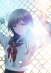  arms_up backlighting bad_id bad_pixiv_id black_hair black_sailor_collar black_skirt blue_eyes chain-link_fence female fence highres long_hair long_sleeves looking_at_viewer neckerchief original outdoors parted_lips red_neckerchief sailor_collar school_uniform serafuku sheepd shirt signature skirt solo sunset white_shirt 