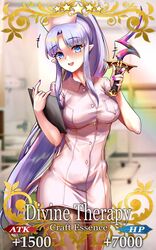  :d alternate_costume bad_id bad_pixiv_id blue_eyes blurry blurry_background blush breasts card_(medium) clipboard commentary_request craft_essence_(fate) dress fate/grand_order fate_(series) female foxyreine hat highres holding holding_clipboard holding_knife hospital knife long_hair looking_at_viewer medea_(lily)_(fate) medium_breasts nail_polish nurse nurse_cap open_mouth pantyhose parody photoshop_(medium) pink_dress pointy_ears ponytail purple_hair purple_nails rulebreaker short_dress smile solo very_long_hair 