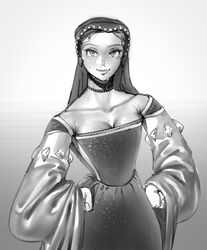  absurdres bad_id bad_twitter_id body_freckles breasts choker cleavage closed_mouth corset dress female freckles greyscale hands_on_own_hips highres large_breasts long_sleeves looking_at_viewer medieval monochrome original smile solo standing sweat veil wass_nonnam wide_sleeves 