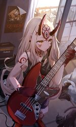  alternate_costume barefoot bass_guitar black_shirt blonde_hair bracelet bracer cable clothes_hanger commentary_request contemporary earrings electric_guitar fate/grand_order fate_(series) feline female fingernails foot_out_of_frame gloves guitar highres horns ibaraki_douji_(fate) indoors instrument jewelry long_hair looking_away miyabino_(miyabi1616) music nail_polish oni oni_horns pet playing_instrument pointy_ears poster_(object) queen_(band) red_gloves room sharp_fingernails shirt sliding_doors solo standing tatami tattoo trash_can yellow_eyes 