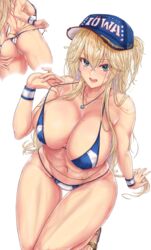  ass back bare_shoulders baseball_cap bikini blonde_hair blue_bikini blue_eyes blue_headwear blush breasts cleavage collarbone female hat highres iowa_(kancolle) jewelry kantai_collection large_breasts long_hair looking_at_viewer mickey_dunn multiple_views navel navel_piercing necklace open_mouth piercing smile strap_pull swimsuit thighs tongue_piercing wet white_background 