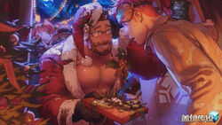  2boys artist_request bara beard blue_eyes blush bomb chest_hair christmas christmas_tree commentary_request explosive facial_hair female gift glasses gloves goggles gyee highres logo male_focus multiple_boys muscular muscular_male night night_sky official_art orange_hair pectoral_cleavage pectorals santa_costume sky sleep_mask sleepwear smile snow sweat turing_(gyee) vundo_(gyee) yaen_(gyee) 