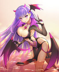  absurdres alternate_costume bb_(fate) bb_(fate/extra) black_gloves blush breasts cleavage commentary demon_girl fate/extra fate/extra_ccc fate_(series) female gloves hair_ornament hair_ribbon heart heart-shaped_pupils highres horns laon large_breasts lips long_fingers long_hair long_sleeves looking_at_viewer parted_lips purple_eyes purple_hair revealing_clothes ribbon simple_background solo symbol-shaped_pupils thighs very_long_hair w wings 