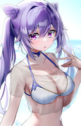  absurdres bikini blush breasts cleavage double_bun female genshin_impact hair_bun highres keqing_(genshin_impact) looking_at_viewer medium_breasts nanashinayuzu_mochi open_mouth purple_eyes purple_hair simple_background solo swimsuit twintails upper_body white_background 