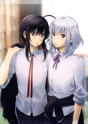  2boys ahoge bishounen black_hair blurry blurry_background clothes_around_waist collared_shirt honebami_toushirou male_focus mizuhara_aki multiple_boys namazuo_toushirou purple_eyes shirt sleeves_rolled_up touken_ranbu upper_body white_hair white_shirt 