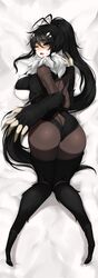  antennae arthropod_girl arthropod_limbs ass bed_sheet black_hair blush bodystocking breasts colored_skin commentary dakimakura_(medium) english_commentary female from_behind full_body highres large_breasts long_hair looking_at_viewer looking_back luca_(terupancake) lying monster_girl on_bed on_stomach one_eye_closed open_mouth original ponytail purple_eyes solo terupancake underboob very_long_hair white_skin 