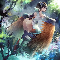  armor armored_boots ass bad_id bad_pixiv_id black_hair blade blue_flower boots braid breasts commentary_request dress feathered_wings feathers female flower forest greaves green_feathers hair_flower hair_ornament hair_ribbon harpy highres leg_blade light_rays lord_of_vermilion medium_breasts monster_girl nature orange_feathers pink_ribbon plant ribbon short_hair single_thighhigh solo sunbeam sunlight talons thighhighs tree vines white_feathers white_thighhighs winged_arms wings yellow_eyes yue_(lov_n_n) 