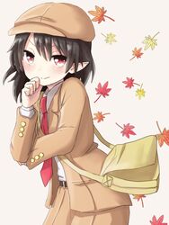  alternate_costume autumn_leaves bag belt black_belt brown_bag brown_hat brown_jacket brown_shorts cabbie_hat collared_shirt dadamori female flat_cap hand_on_own_chin hat jacket leaning_forward looking_at_viewer medium_hair messenger_bag necktie no_wings official_alternate_costume red_eyes red_necktie shameimaru_aya shameimaru_aya_(newsboy) shirt shorts shoulder_bag solo suit_jacket touhou white_shirt 