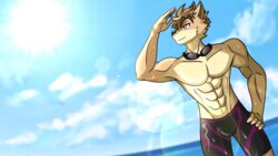  16:9 abs anthro athletic athletic_anthro canid canine canis clothing dragokaizer666 eyewear goggles male mammal muscular muscular_male outside pecs sea seascape sky solo summer swimming_goggles swimming_trunks swimwear water widescreen wolf 