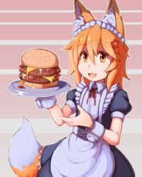  2019 animal_humanoid apron blonde_hair burger canid canid_humanoid canine canine_humanoid clothing cuff_(restraint) female food fox_humanoid hair hi_res humanoid inner_ear_fluff kittenboogers looking_at_viewer maid_uniform mammal mammal_humanoid restraints senko-san sewayaki_kitsune_no_senko-san smile solo tuft uniform wrist_cuffs yellow_eyes 