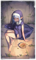  absurdres barefoot begging bingwei_huang blue_hair bowl closed_mouth coin commentary elf feet female highres legs looking_at_viewer nun original pointy_ears sitting soles solo toes weeds yellow_eyes 