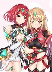  2girls bare_shoulders blonde_hair breasts cleavage cosplay costume_switch cowboy_shot dress earrings fingerless_gloves gem gloves hair_ornament headpiece jewelry large_breasts long_hair looking_at_viewer multiple_girls mythra_(xenoblade) mythra_(xenoblade)_(cosplay) pyra_(xenoblade) pyra_(xenoblade)_(cosplay) red_eyes red_hair short_hair shorts smile swept_bangs take_(s-wab) thigh_gap tiara very_long_hair xenoblade_chronicles_(series) xenoblade_chronicles_2 yellow_eyes 