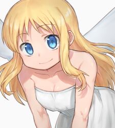  1other angel angel_wings bare_shoulders blonde_hair blue_eyes breasts cleavage closed_mouth crimvael dress ishuzoku_reviewers komiya_harumoto long_hair looking_at_viewer other_focus solo strapless strapless_dress upper_body v_arms white_dress white_wings wings 