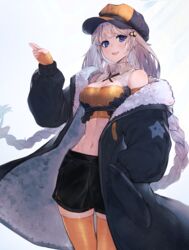  :d absurdres adapted_costume bare_shoulders black_coat black_shorts blue_eyes blush braid breasts cabbie_hat cleavage cleavage_cutout clothing_cutout coat commentary cowboy_shot crop_top female fingerless_gloves fur-trimmed_coat fur_trim gloves grey_hair hair_ornament hat highres hiiragi_mikoto kizuna_akari long_hair long_sleeves looking_at_viewer medium_breasts navel off_shoulder open_mouth orange_gloves orange_thighhighs puffy_long_sleeves puffy_sleeves short_shorts shorts simple_background skindentation sleeves_past_wrists smile solo stomach thighhighs toned twin_braids two-tone_headwear very_long_hair vocaloid voiceroid white_background wing_collar winter_clothes winter_coat 