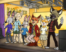  aggretsuko ailurid aircast anthro blazer bottomwear canid canine cast clothed clothing crossover crutch dipstick_ears disney ear_markings electronics female fox group haida_(aggretsuko) hare hi_res hyena jack_savage judy_hopps karaoke lagomorph leporid male mammal medical_instrument microphone multicolored_ears nick_wilde partying rabbit red_fox red_panda retsuko sanrio scientific_instrument singing skirt skye_(zootopia) spotted_hyena stage stage_lights stripes swift_fox true_fox underbite ziegelzeig zootopia 