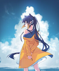  arms_behind_back artist_name blue_sky blunt_bangs cloud day female from_behind gradient_hair highres hololive hololive_english jacket long_hair long_sleeves looking_at_viewer looking_back multicolored_hair ninomae_ina&#039;nis ninomae_ina&#039;nis_(artist) ocean official_alternate_hairstyle orange_hair outdoors pointy_ears ponytail purple_hair self-portrait sidelocks sky smile solo standing tentacle_hair very_long_hair violet_(ninomae_ina&#039;nis) virtual_youtuber yellow_jacket 