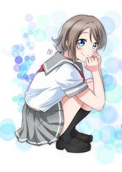  birthday blue_eyes blush commentary female full_body grey_hair grey_sailor_collar grey_skirt highres looking_at_viewer love_live! love_live!_sunshine!! miniskirt neckerchief pleated_skirt red_neckerchief sailor_collar saitou_shuka school_uniform short_hair short_sleeves signature skirt smile solo squatting uranohoshi_school_uniform watanabe_you zero-theme 