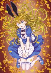  absurdres animal_ears blonde_hair blue_dress blue_footwear dress dress_tug female focke_wulf green_eyes highres mary_janes open_mouth original rabbit_ears scan shoes solo thighhighs white_thighhighs wind wind_lift 