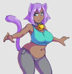  2019 animal_humanoid bell bell_collar big_breasts bottomwear breasts cat_humanoid clothing collar felid felid_humanoid feline feline_humanoid female hair hi_res humanoid kittenboogers looking_aside mammal mammal_humanoid navel pants pink_hair shirt simple_background slightly_chubby smile solo tank_top topwear 