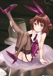  absurdres animal_ears black_thighhighs breasts brown_eyes brown_hair female focke_wulf high_heels highres leotard looking_at_viewer nipple_slip nipples original playboy_bunny purple_footwear purple_leotard rabbit_ears rabbit_tail scan sitting small_breasts smile solo tail thighhighs wrist_cuffs 