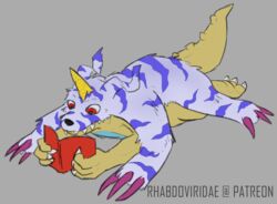  bandai_namco blue_body blue_fur book claws conditional_dnp digimon digimon_(species) fur gabumon hi_res horn male red_eyes solo stripes teeth wolftacos 