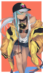  :/ baseball_cap blue_hair breasts choker cleavage dark-skinned_female dark_skin earrings female green_eyes hat highres isla_(kof) jacket jewelry kamatpit leg_tattoo light_blue_hair long_hair looking_at_viewer mask mask_around_neck multicolored_hair oversized_clothes ponytail respirator solo tattoo the_king_of_fighters the_king_of_fighters_xv 