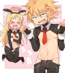  &gt;_&lt; 1boy 1other angel animal_ears black_shrug blonde_hair breasts broken_halo commentary_request covering_crotch covering_privates crimvael crying elf fake_animal_ears fangs fingerless_gloves floating gloves halo ishuzoku_reviewers komiya_harumoto long_hair meme_attire navel necktie nipples open_mouth pasties pointy_ears rabbit_ears rabbit_pasties red_necktie reverse_bunnysuit reverse_outfit shrug_(clothing) stomach zel_(ishuzoku_reviewers) 