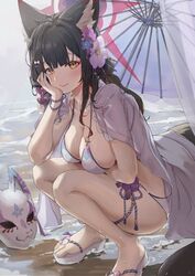  animal_ears bikini black_hair blue_archive breasts feet female flower fox_ears fox_mask hair_flower hair_ornament halo haowei_wu highres large_breasts legs long_hair looking_at_viewer mask official_alternate_costume oil-paper_umbrella pink_flower sandals shirt_on_shoulders sideboob smile solo squatting swimsuit thighs toes umbrella wakamo_(blue_archive) wakamo_(swimsuit)_(blue_archive) yellow_eyes 