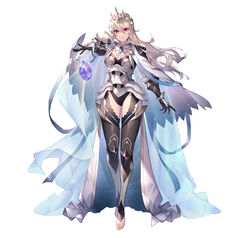  absurdres armor barefoot black_leotard breasts cape cleavage commentary_request corrin_(female)_(fire_emblem) corrin_(female)_(silent_bloodline)_(fire_emblem) corrin_(fire_emblem) crown dress essual_(layer_world) female fire_emblem fire_emblem_fates fire_emblem_heroes frills full_body gloves hair_between_eyes hair_ornament highres jewelry leotard long_dress long_hair looking_at_viewer official_alternate_costume official_art pointy_ears queen red_eyes see-through shoulder_armor solo tiara white_hair 