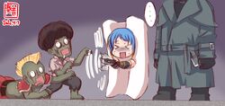  &gt;_&lt; ... afro artist_logo black_gloves black_hair blonde_hair blue_hair coat commentary_request crossover crying dated duster_coat elbow_gloves female food gloves highres holding holding_knife kanon_(kurogane_knights) kantai_collection knife mohawk mr._x_(resident_evil) open_mouth parody resident_evil resident_evil_2 resident_evil_2_(remake) samidare_(kancolle) scared spoken_ellipsis tears tofu tofu_(resident_evil) weapon zombie 